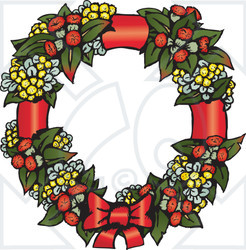 Clipart Christmas Wattle Leaf And Flower Wreath With A Bow - Royalty Free Vector Illustration