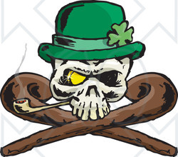 Clipart St Patricks Day Skull With Crossed Canes A Pipe Gold Eye And Leprechaun Hat - Royalty Free Vector Illustration