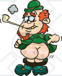 Clipart St Patricks Day Leprechaun Smoking A Pipe Bending Over And Pointing To His Butt - Royalty Free Vector Illustration