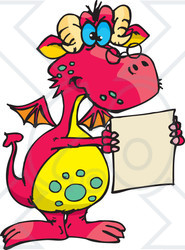 Clipart Pink Dragon Wearing Glasses And Holding A Document - Royalty Free Vector Illustration