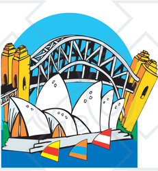 Clipart The Australian Sydney Harbor Bridge And Opera House With Sailboats Over Blue - Royalty Free Vector Illustration