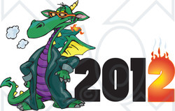 Clipart Green Fire Breathing Dragon Wearing A Coat And Standing By A Flaming Year 2012 - Royalty Free Vector Illustration