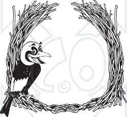 Clipart Black And White Golden Bowerbird With A Straw Frame - Royalty Free Vector Illustration