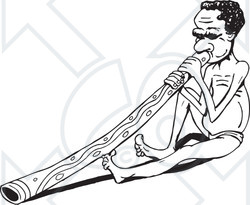 Clipart Black And White Aussie Aboriginal Man Sitting And Playing A Didgeridoo - Royalty Free Vector Illustration