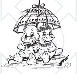 Clipart Black And White Aussie Platypus Couple Sitting On A Log Under An Umbrella - Royalty Free Vector Illustration