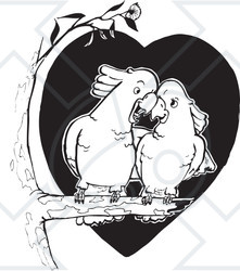 Clipart Black And White Cockatoo Couple Cuddling In A Tree - Royalty Free Vector Illustration