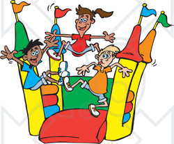 Clipart of Happy Children Jumping on a Colorful Castle Bouncy House 2 - Royalty Free Vector Illustration