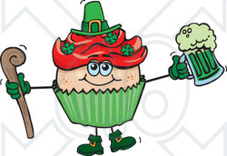 Clipart of a Leprechaun St Patricks Day Holiday Cupcake Holding a Beer and Cane - Royalty Free Vector Illustration