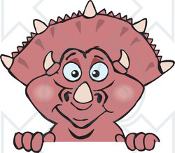 Clipart of a Happy Pink Triceratops Dinosaur Peeking over a Sign - Royalty Free Vector Illustration