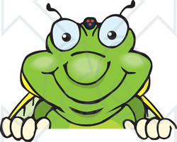 Clipart of a Happy Cicada Peeking over a Sign - Royalty Free Vector Illustration
