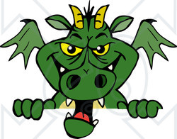 Clipart of a Green Dragon Peeking over a Sign - Royalty Free Vector Illustration