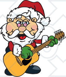 Clipart of a Happy Santa Claus Playing a Christmas Guitar - Royalty Free Vector Illustration
