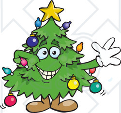 Clipart of a Happy Christmas Tree Standing and Waving - Royalty Free Vector Illustration