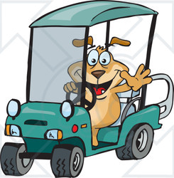 Clipart of a Sparkey Dog Driving a Golf Cart and Waving - Royalty Free Vector Illustration