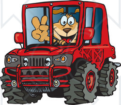 Clipart of a Happy Sparkey Dog Gesturing Peace and Driving a Red Hummer Car - Royalty Free Vector Illustration