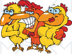Clipart of a Grinning Rooster with Two Pretty Hens - Royalty Free Vector Illustration