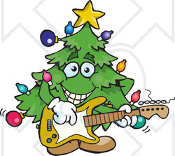 Clipart of a Happy Christmas Tree Playing an Electric Guitar - Royalty Free Vector Illustration