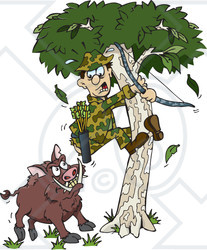 Clipart of a Boar Chasing a Scared Male Hunter into a Tree - Royalty Free Vector Illustration