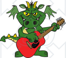 Clipart of a Green Dragon Playing an Acoustic Guitar - Royalty Free Vector Illustration