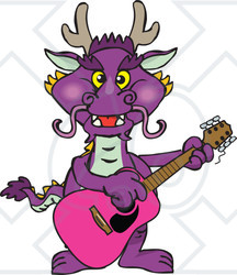 Clipart of a Purple Dragon Playing an Acoustic Guitar - Royalty Free Vector Illustration
