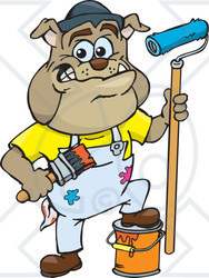 Clipart of a Happy Brown Bulldog Painter Holding Brushes and Resting a Foot on a Bucket - Royalty Free Vector Illustration