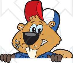 Clipart of a Happy Builder Beaver Peeking over a Sign - Royalty Free Vector Illustration