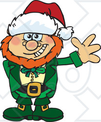 Clipart of a Friendly Waving Leprechaun Wearing a Christmas Santa Hat - Royalty Free Vector Illustration