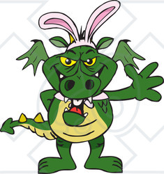 Clipart of a Friendly Waving Green Dragon Wearing Easter Bunny Ears - Royalty Free Vector Illustration