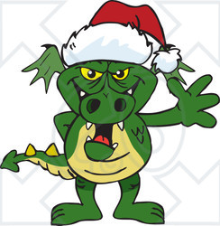 Clipart of a Friendly Waving Green Dragon Wearing a Christmas Santa Hat - Royalty Free Vector Illustration