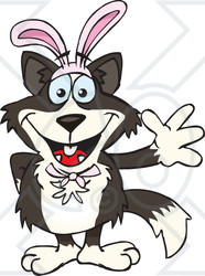 Clipart of a Friendly Waving Border Collie Dog Wearing Easter Bunny Ears - Royalty Free Vector Illustration