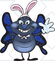 Clipart of a Friendly Waving Blue Butterfly Wearing Easter Bunny Ears - Royalty Free Vector Illustration