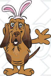 Clipart of a Friendly Waving Bloodhound Dog Wearing Easter Bunny Ears - Royalty Free Vector Illustration