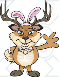 Clipart of a Friendly Waving Buck Deer Wearing Easter Bunny Ears - Royalty Free Vector Illustration