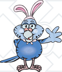 Clipart of a Friendly Waving Dark Blue Budgie Parakeet Bird Wearing Easter Bunny Ears - Royalty Free Vector Illustration