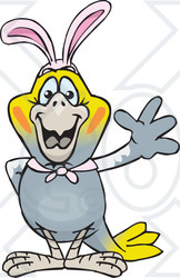 Clipart of a Friendly Waving Cockatiel Bird Wearing Easter Bunny Ears - Royalty Free Vector Illustration