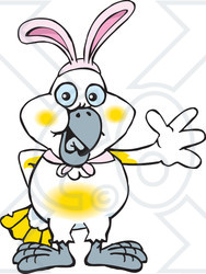 Clipart of a Friendly Waving Cockatoo Wearing Easter Bunny Ears - Royalty Free Vector Illustration