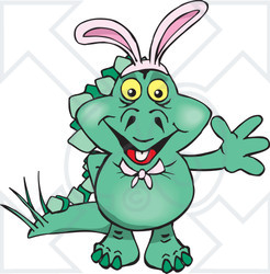 Clipart of a Friendly Waving Green Stegosaur Dinosaur Wearing Easter Bunny Ears - Royalty Free Vector Illustration