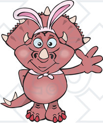 Clipart of a Friendly Waving Pink Triceratops Dinosaur Wearing Easter Bunny Ears - Royalty Free Vector Illustration