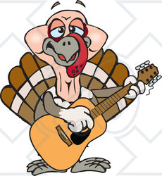 Clipart of a Cartoon Happy Turkey Bird Playing an Acoustic Guitar - Royalty Free Vector Illustration