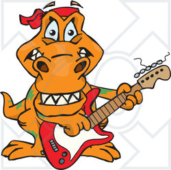Clipart of a Cartoon Happy T Rex Dinosaur Playing an Electric Guitar - Royalty Free Vector Illustration