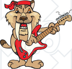 Clipart of a Cartoon Happy Saber Toothed Tiger Playing an Electric Guitar - Royalty Free Vector Illustration