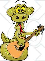 Clipart of a Cartoon Happy Python Snake Playing an Acoustic Guitar - Royalty Free Vector Illustration