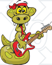 Clipart of a Cartoon Happy Python Snake Playing an Electric Guitar - Royalty Free Vector Illustration