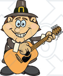 Clipart of a Cartoon Happy Pilgrim Man Playing an Acoustic Guitar - Royalty Free Vector Illustration