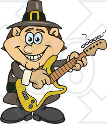 Clipart of a Cartoon Happy Pilgrim Man Playing an Electric Guitar - Royalty Free Vector Illustration