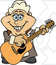 Clipart of a Cartoon Happy Pilgrim Woman Playing an Acoustic Guitar - Royalty Free Vector Illustration