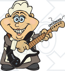 Clipart of a Cartoon Happy Pilgrim Woman Playing an Electric Guitar - Royalty Free Vector Illustration
