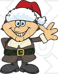 Clipart of a Friendly Waving Male Pilgrim Wearing a Christmas Santa Hat - Royalty Free Vector Illustration