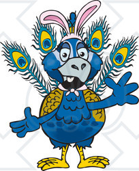 Clipart of a Friendly Waving Peacock Wearing Easter Bunny Ears - Royalty Free Vector Illustration