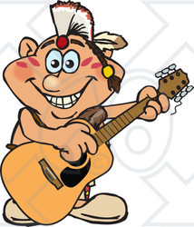 Clipart of a Cartoon Happy Native American Man Playing an Acoustic Guitar - Royalty Free Vector Illustration